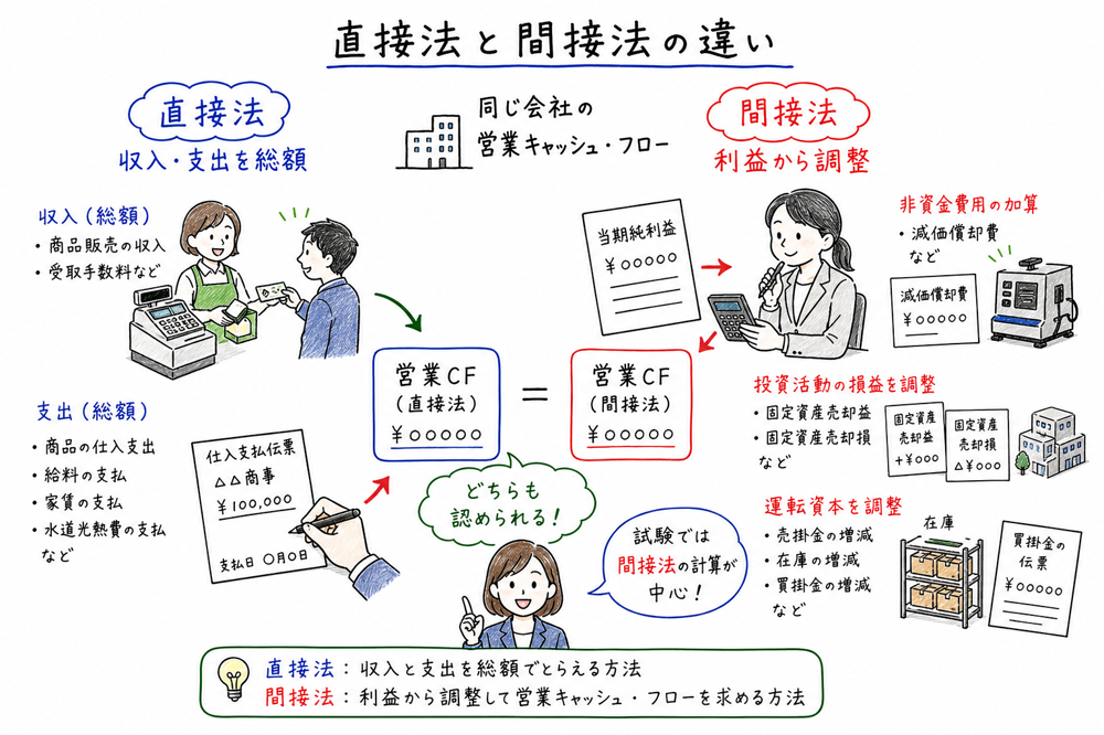 主要な収入支出を総額で示す直接法と、当期純利益から調整する間接法を対比する図解