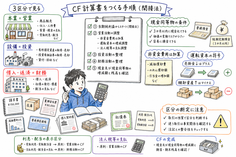 キャッシュ・フロー計算書を間接法で作る手順と3区分、現金同等物、運転資本の符号を確認する章末図解