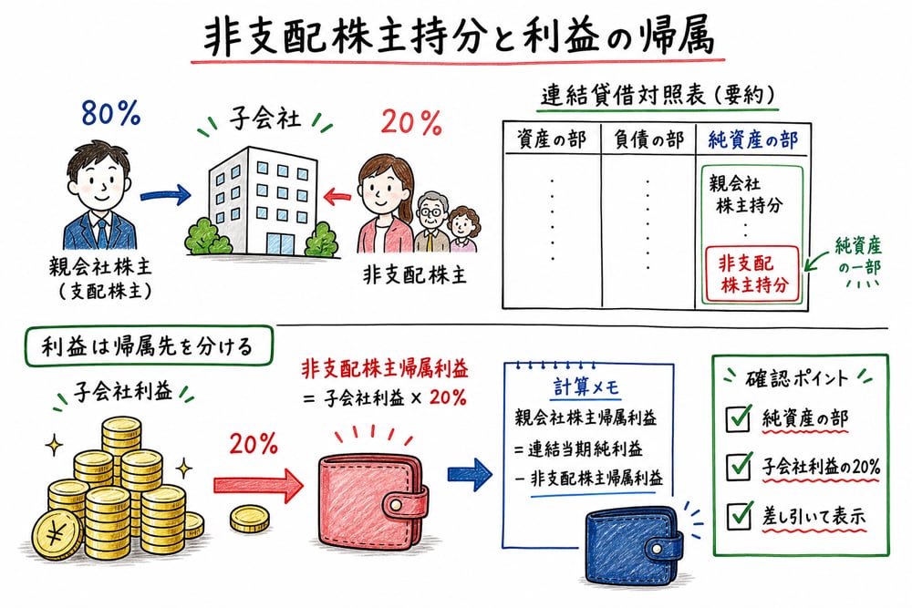 非支配株主持分は負債ではなく純資産の部に表示し、連結利益から帰属先を分ける図解