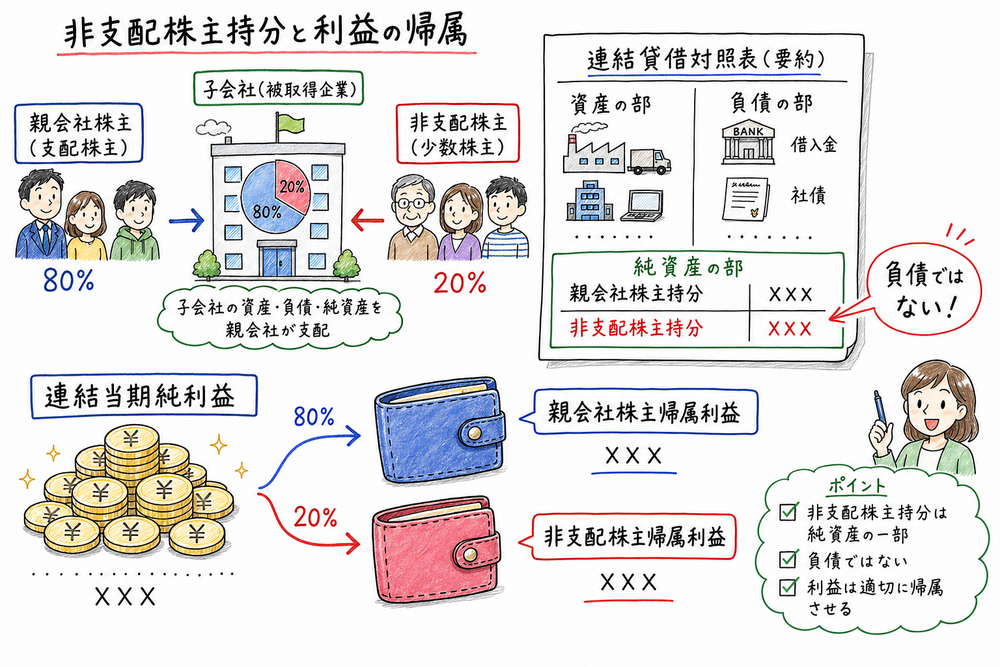 非支配株主持分は負債ではなく純資産の部に表示し、連結利益から帰属先を分ける図解