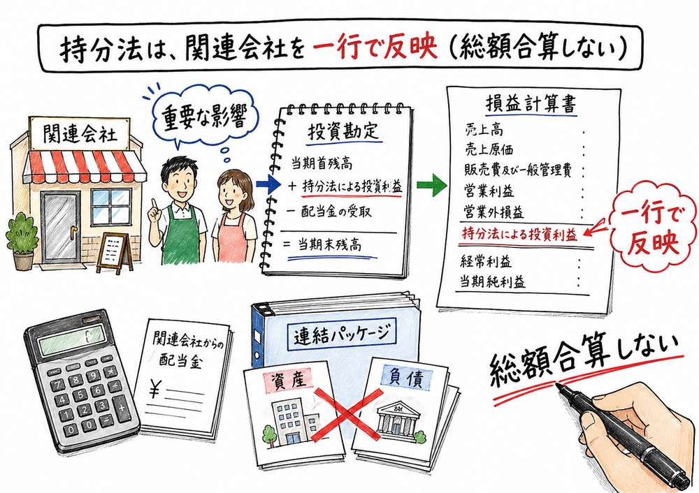 子会社は全面連結、関連会社は持分法で投資勘定と持分法投資利益に一行反映すると示す図解