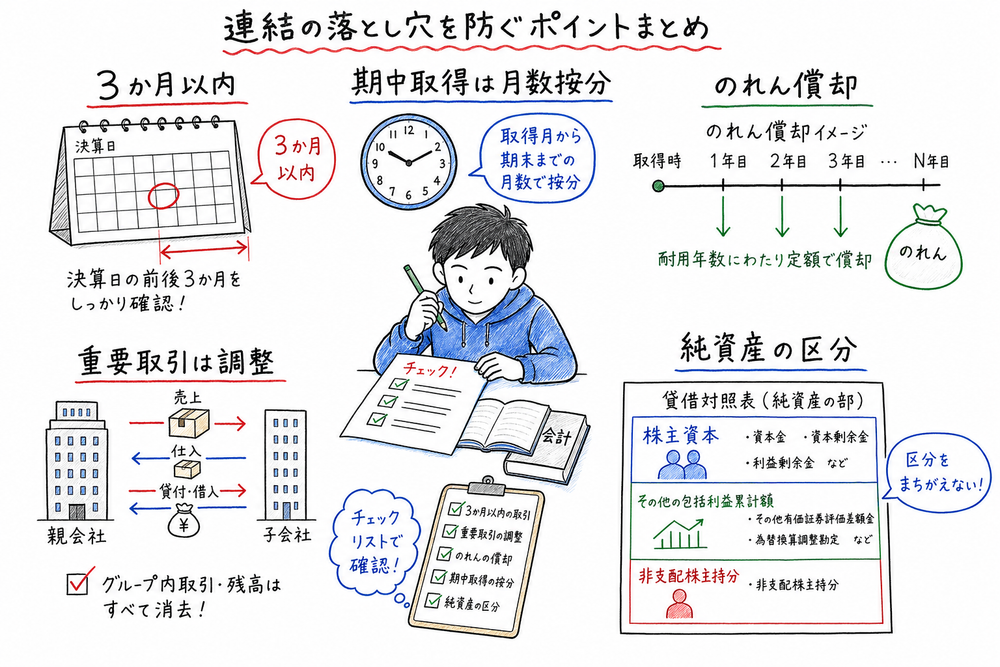 決算日差異、のれん償却、期中取得、純資産表示の区分を確認する図解