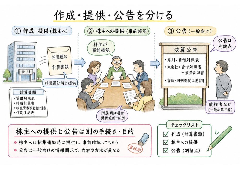 株主への計算書類提供と公告を別論点として整理した手書き風図解