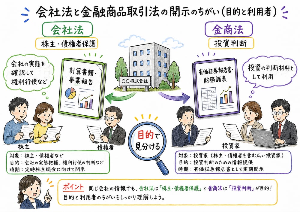 会社法と金融商品取引法の開示目的と利用者の違いを示す手書き風図解
