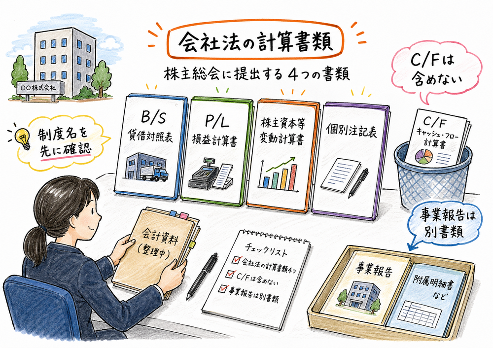 会社法上の計算書類4つと含まれない書類を整理した手書き風図解
