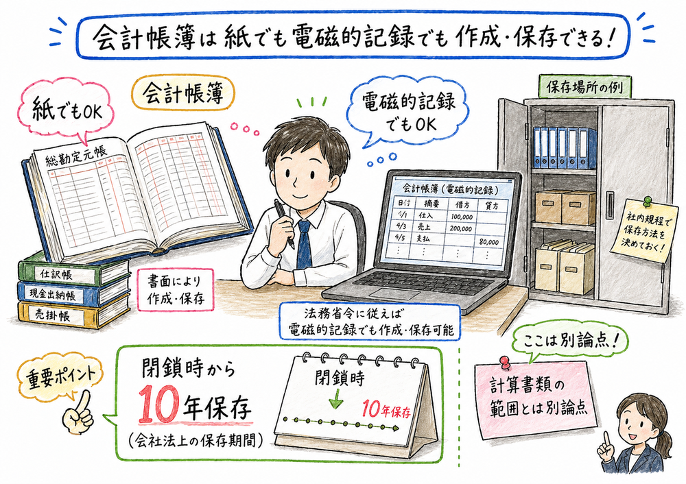 会計帳簿は紙でも電磁的記録でも保存でき保存期間は10年であることを示す手書き風図解