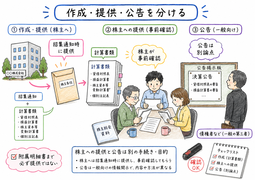 株主への計算書類提供と公告を別論点として整理した手書き風図解
