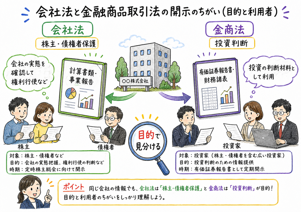 会社法と金融商品取引法の開示目的と利用者の違いを示す手書き風図解