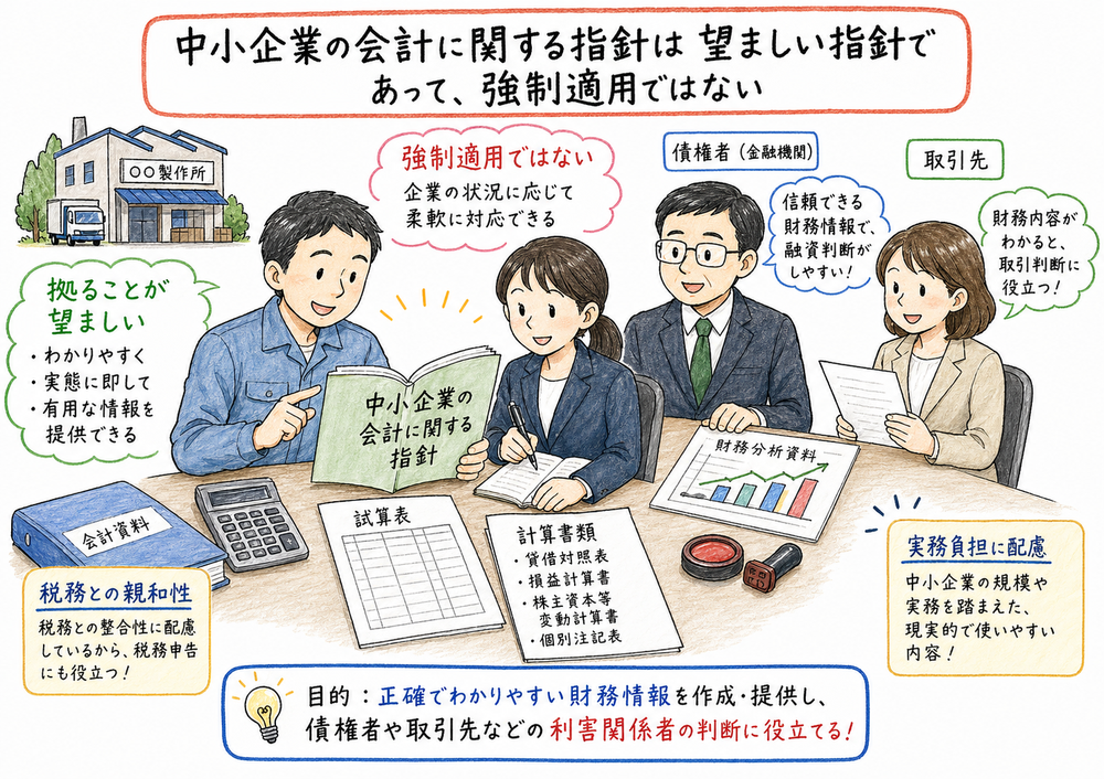 中小企業の会計に関する指針は望ましい指針であり強制適用ではないことを示す手書き風図解