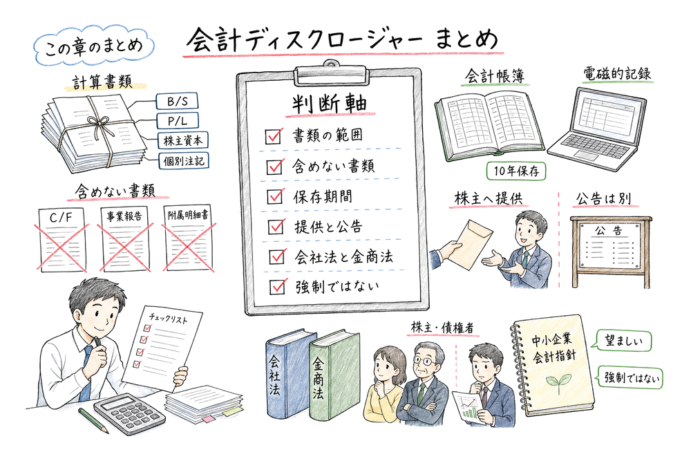 会計ディスクロージャーで書類範囲、保存期間、提供と公告、制度差を確認するまとめ図