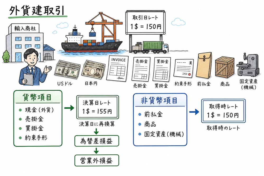 外貨建取引で貨幣項目と非貨幣項目の換算方法を分ける図解