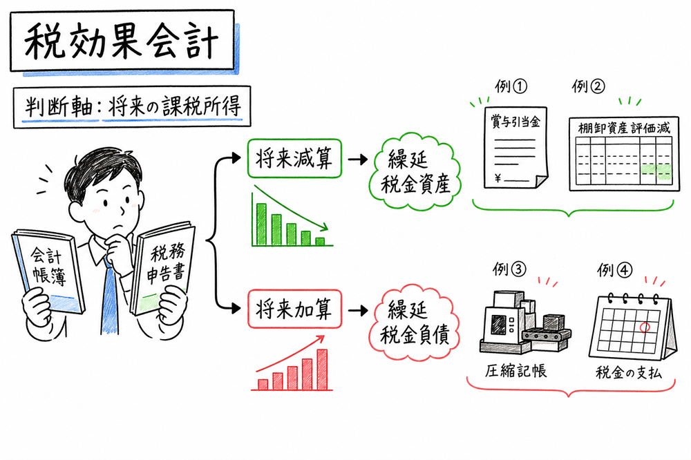 税効果会計で将来減算一時差異と将来加算一時差異を判定する図解