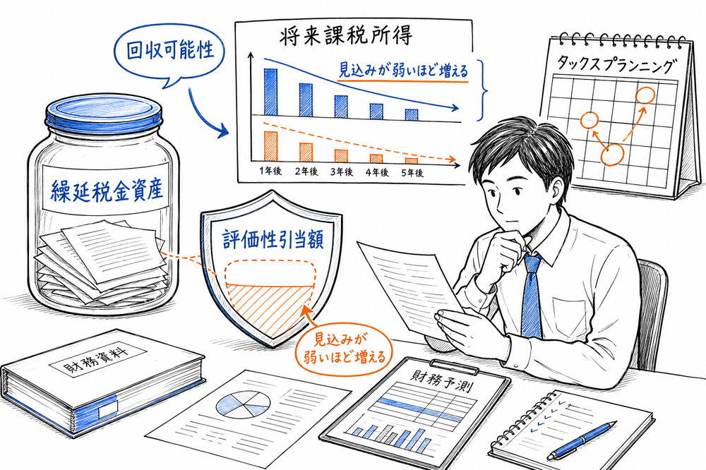 評価性引当額と繰延税金資産の回収可能性を示す図解