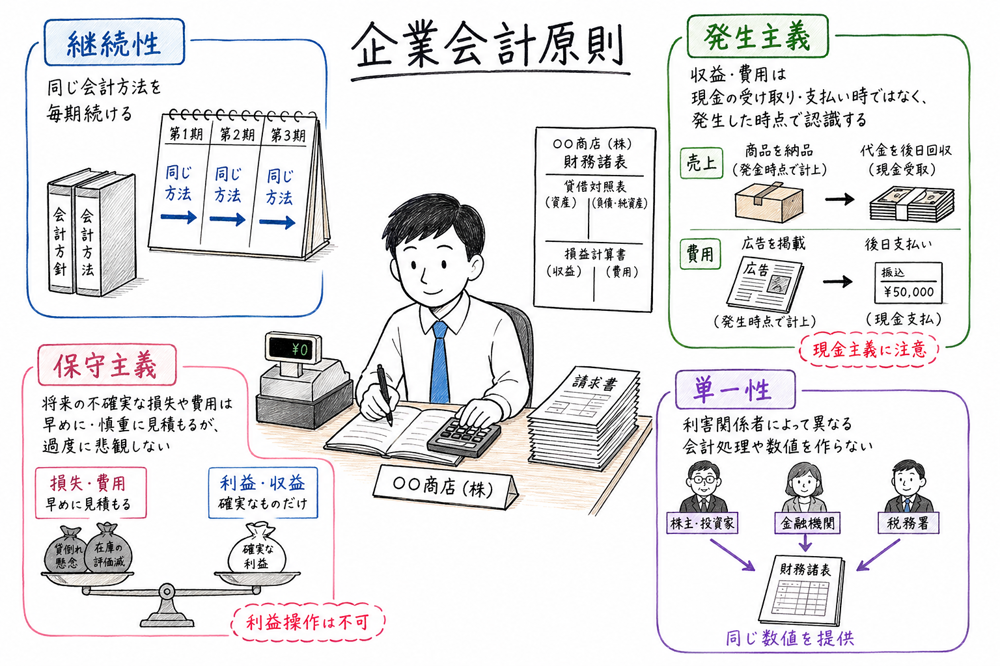 継続性、発生主義、保守主義、単一性を具体場面で整理する図解