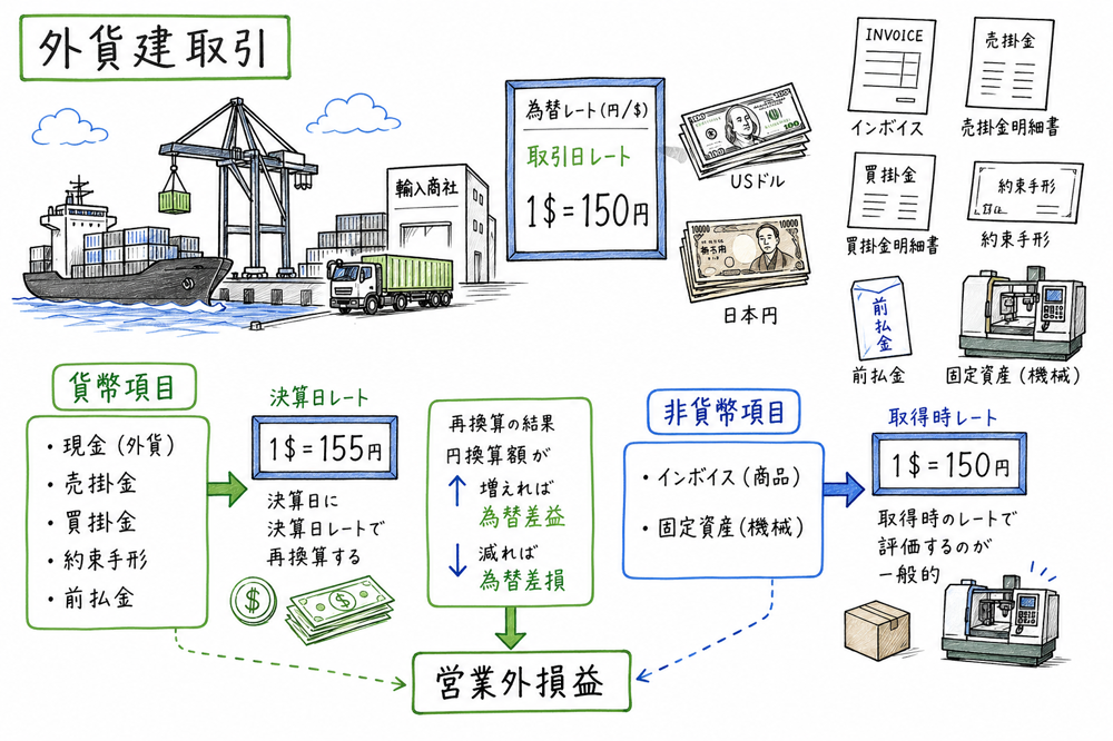 外貨建取引で貨幣項目と非貨幣項目の換算方法を分ける図解