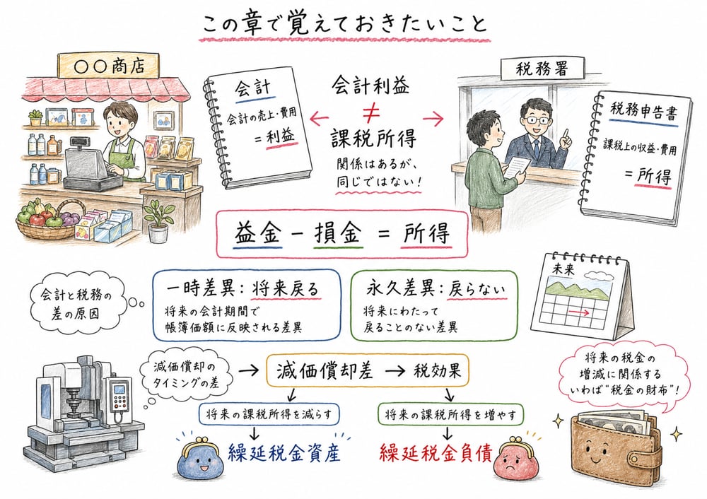 益金と損金で覚えておきたい税務上の所得計算、会計利益との差、一時差異と永久差異、税効果会計へのつながりを整理する図解