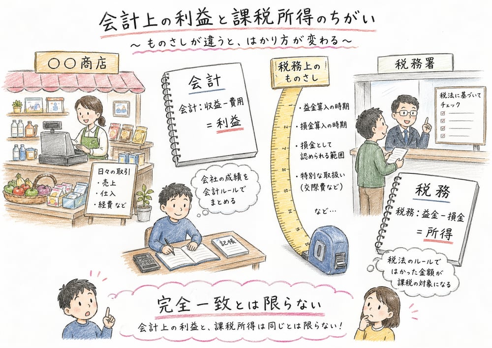 益金と損金を税務上の所得計算のものさしとして整理する図解