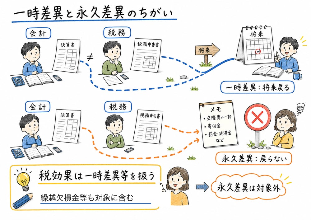 一時差異と永久差異を将来戻る差と戻らない差として比較する図解