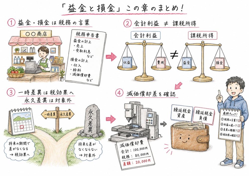 益金と損金の章末確認として税務の言葉、会計利益と課税所得の違い、一時差異と永久差異、減価償却差を整理する図解