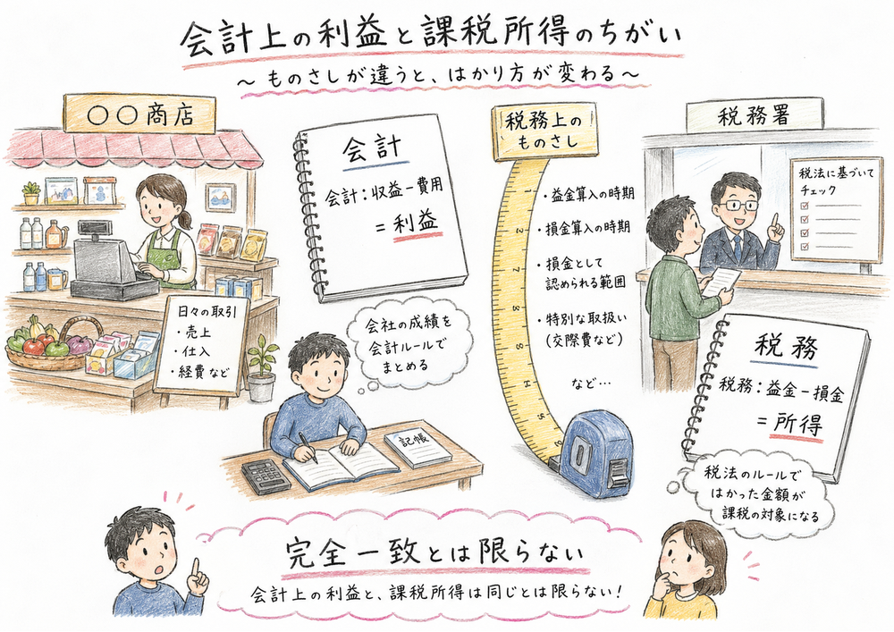 益金と損金を税務上の所得計算のものさしとして整理する図解
