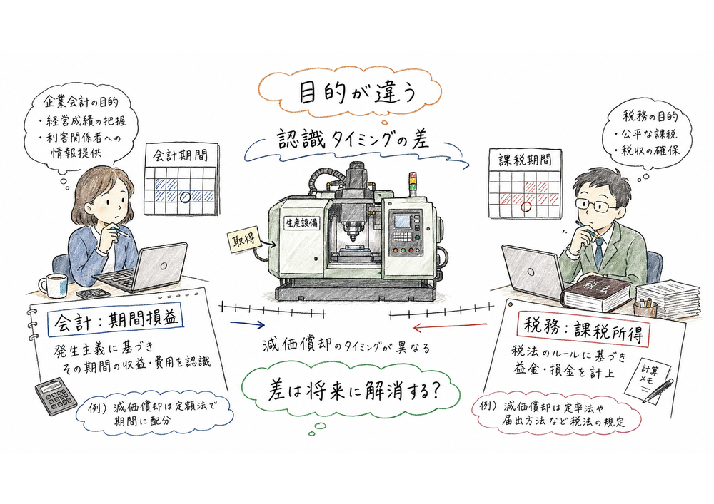 会計利益と課税所得が目的や認識タイミングの違いでずれる理由を示す図解