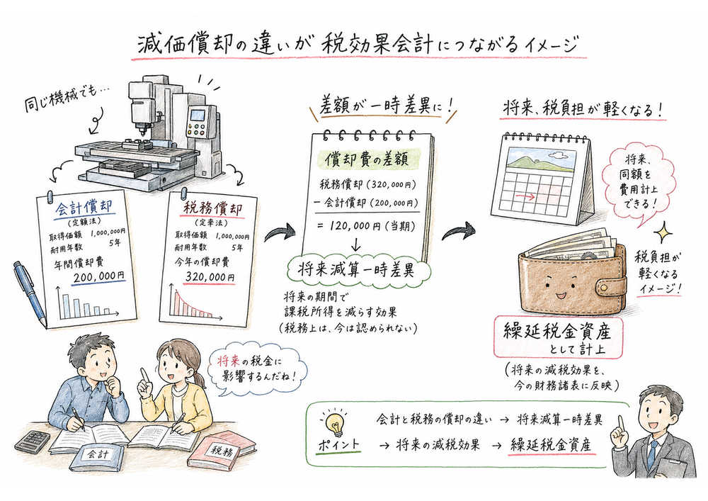 減価償却差から将来減算一時差異と繰延税金資産へつなげる流れの図解