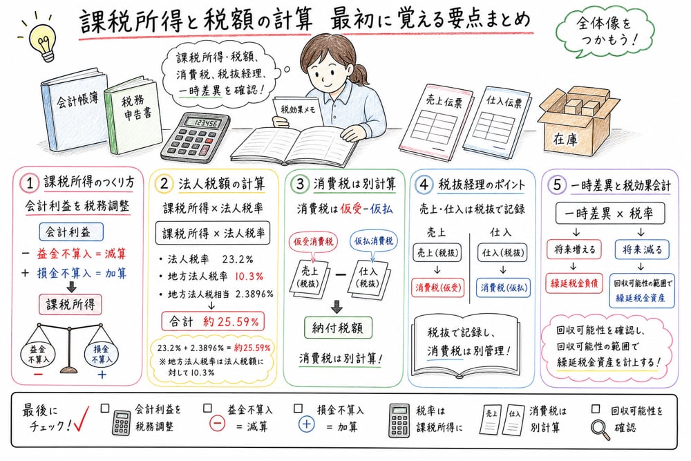課税所得と税額計算で覚える税務調整・法人税額・消費税・一時差異の要点を示す図解