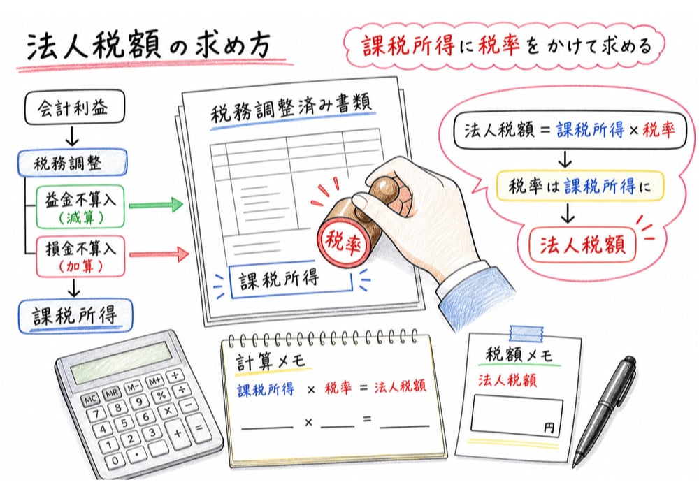 税務調整後の課税所得に税率を掛けて法人税額を求める流れ