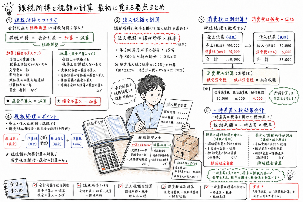 課税所得と税額計算で覚える税務調整・法人税額・消費税・一時差異の要点を示す図解