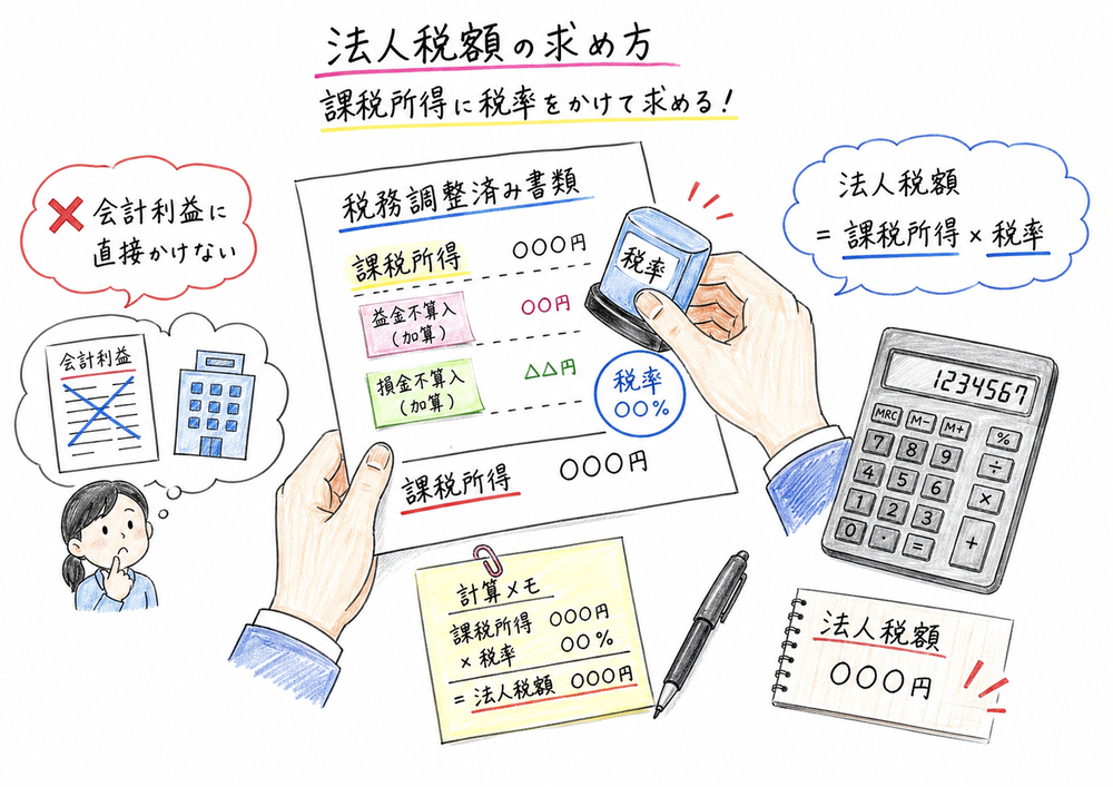 税務調整後の課税所得に税率を掛けて法人税額を求める流れ