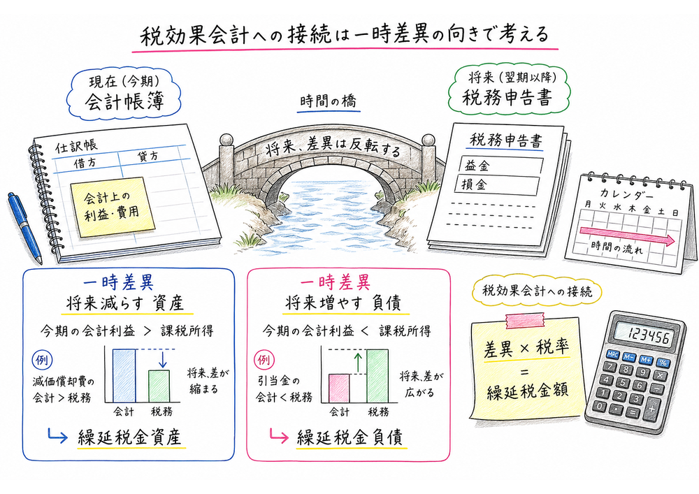 一時差異の将来の向きから繰延税金資産と負債を判断する考え方
