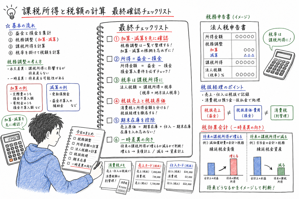 課税所得と税額計算の章末確認として加算減算・法人税用語・税抜経理・在庫・一時差異を整理する図解