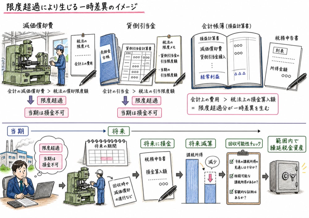 限度超過費用が当期は損金不可でも将来に損金算入され繰延税金資産につながることを示す図解