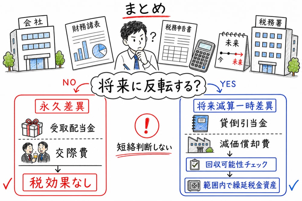 税効果会計で永久差異と将来減算一時差異を分け、繰延税金資産につなげるまとめ図解