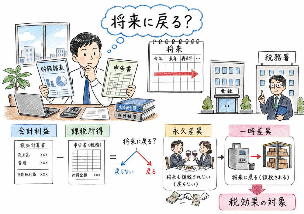 税務会計の差異を将来に反転するかで永久差異と一時差異に分ける判断軸を示す図解