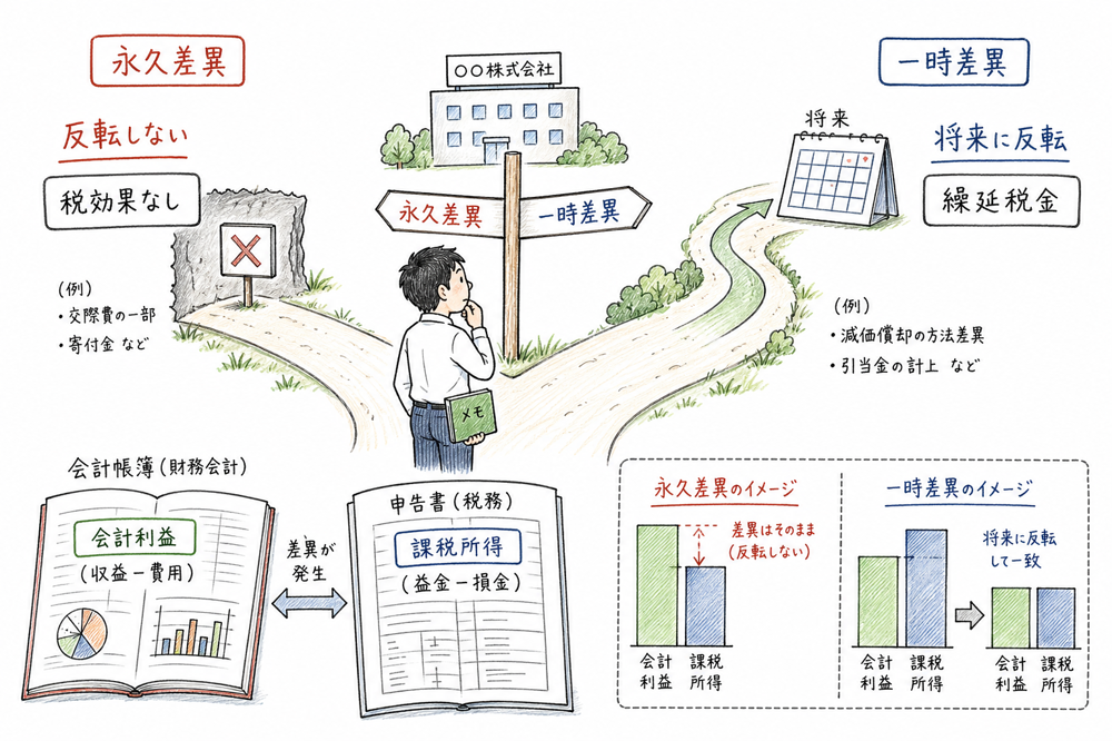 永久差異は反転せず税効果なし、一時差異は将来に反転して繰延税金の対象になる違いを示す図解