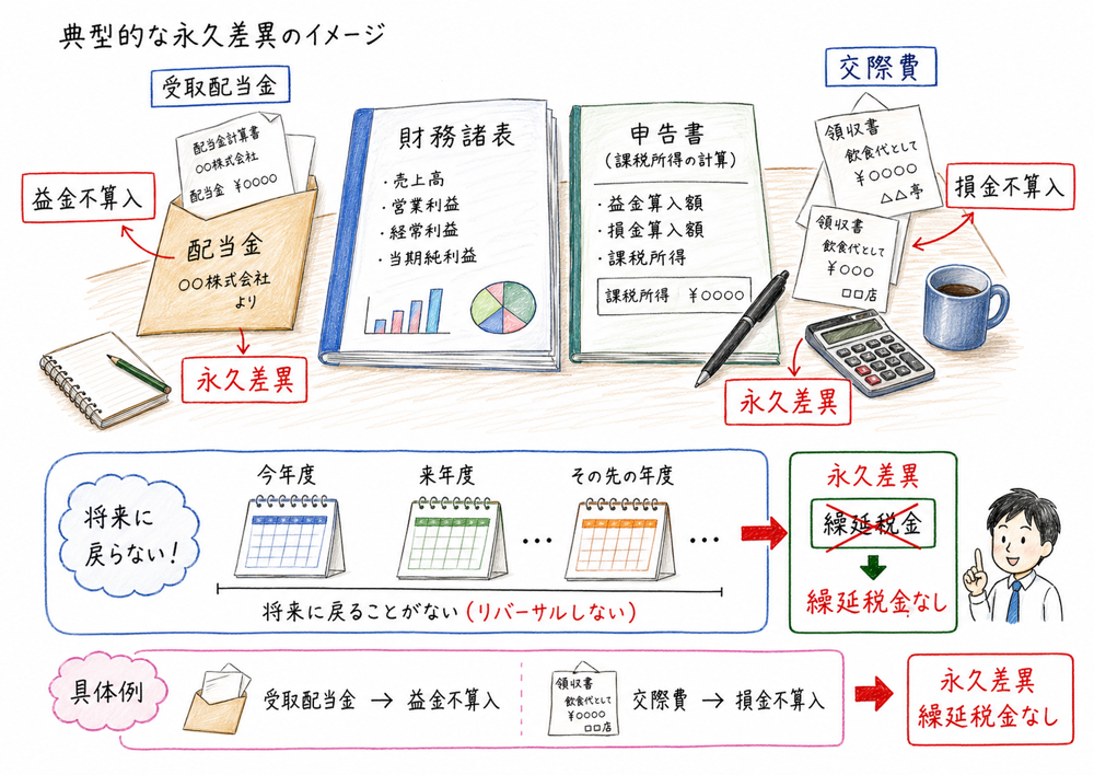 受取配当金の益金不算入と交際費の損金不算入が永久差異になり繰延税金を生じさせないことを示す図解