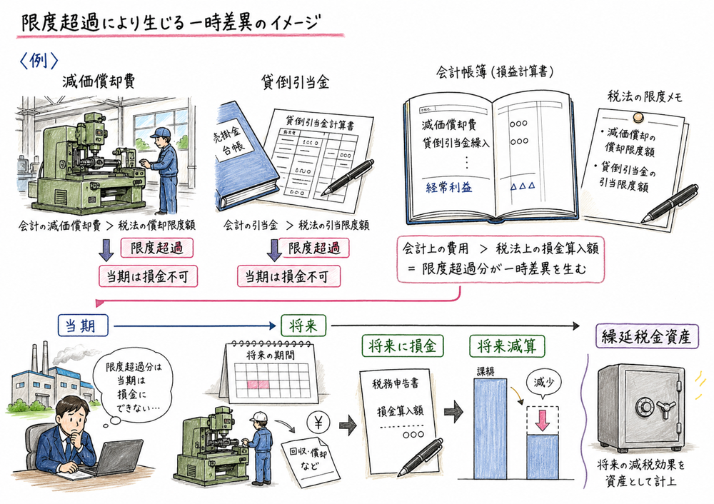 限度超過費用が当期は損金不可でも将来に損金算入され繰延税金資産につながることを示す図解