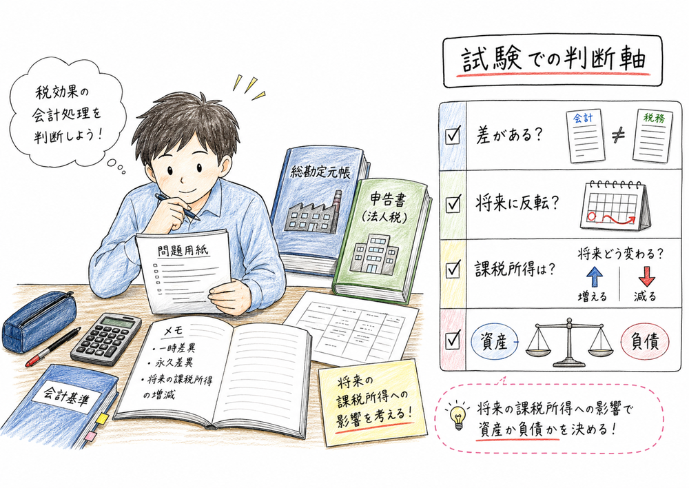 差異の有無、将来反転、課税所得への影響、繰延税金資産か負債かを順に判定する図解