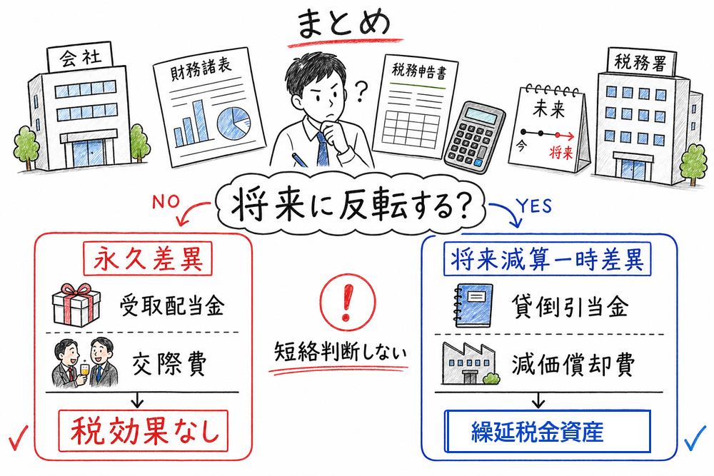税効果会計で永久差異と将来減算一時差異を分け、繰延税金資産につなげるまとめ図解