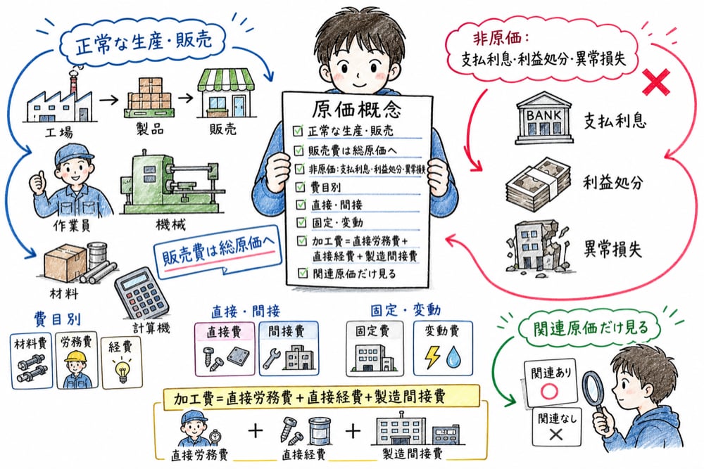 原価概念で最初に覚える範囲、分類軸、加工費、意思決定原価をまとめた図解
