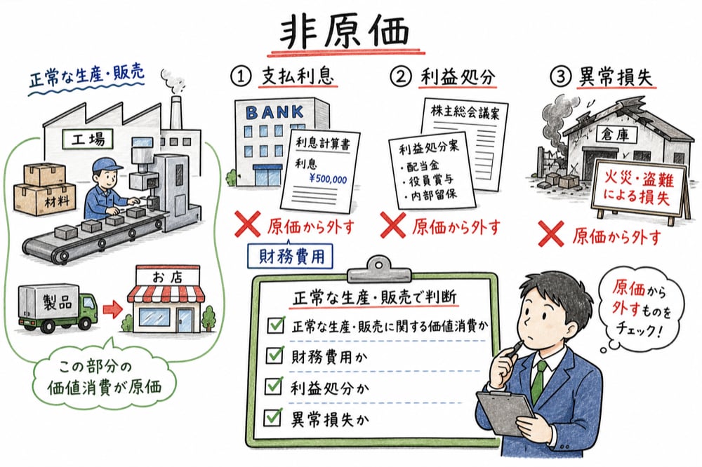 支払利息、利益処分、異常損失は原価から外し、正常な操業の費消は原価へ入れることを示す図解