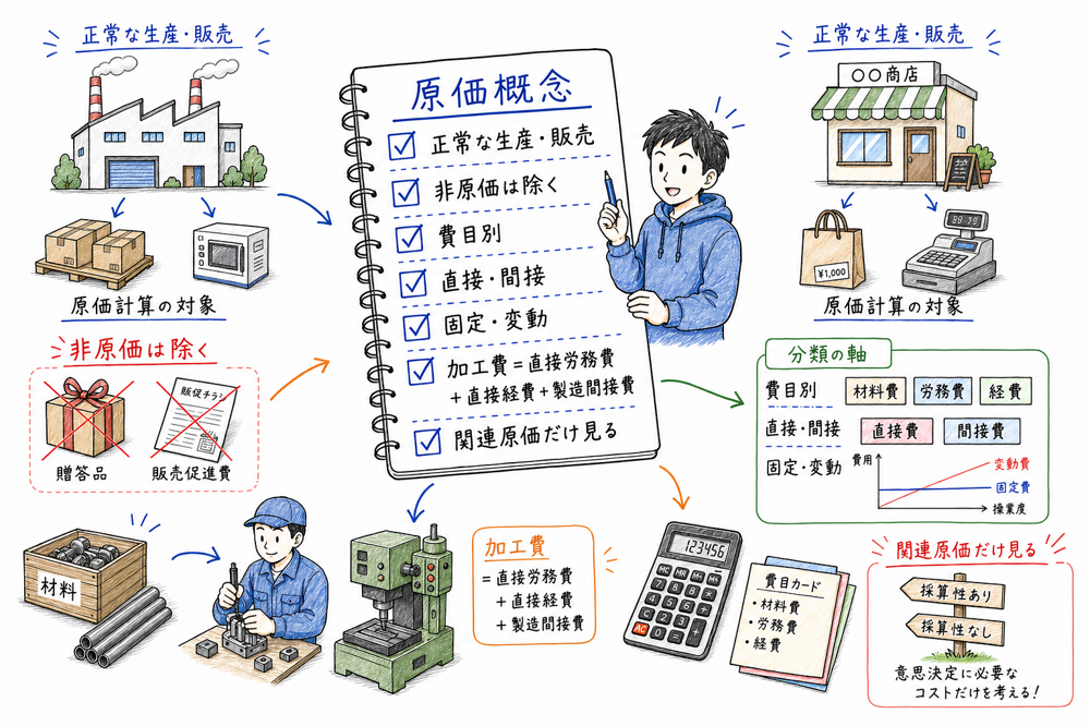 原価概念で最初に覚える範囲、分類軸、加工費、意思決定原価をまとめた図解