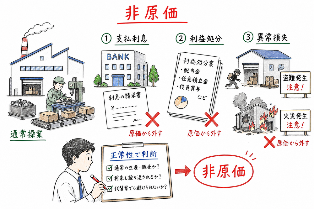 支払利息、利益処分、異常損失は原価から外し、正常な操業の費消は原価へ入れることを示す図解
