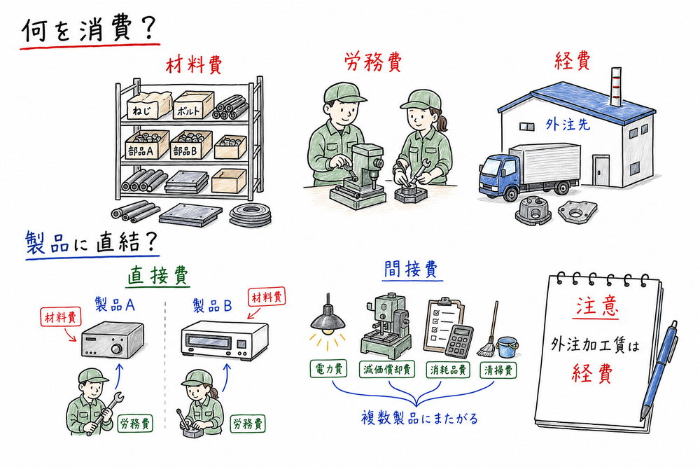 材料費・労務費・経費は何を消費したか、直接費・間接費は製品に結び付くかで分ける別軸だと示す図解