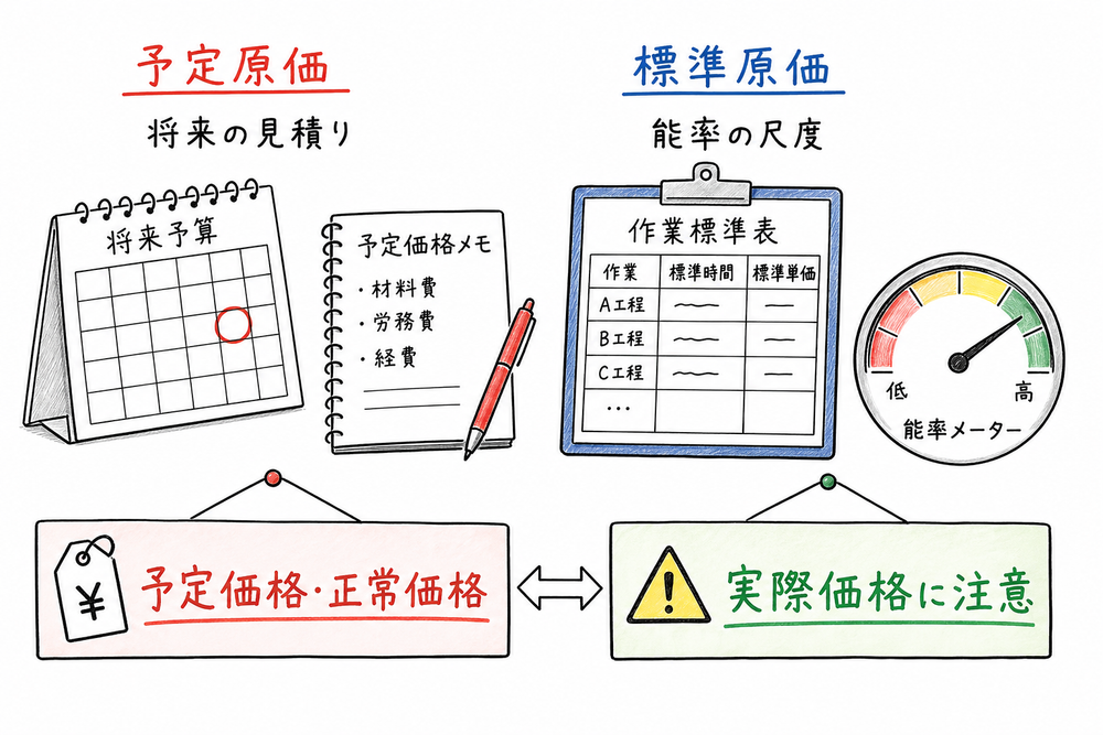 予定原価は将来の見積り、標準原価は能率管理の基準で、実際価格ではないと示す図解