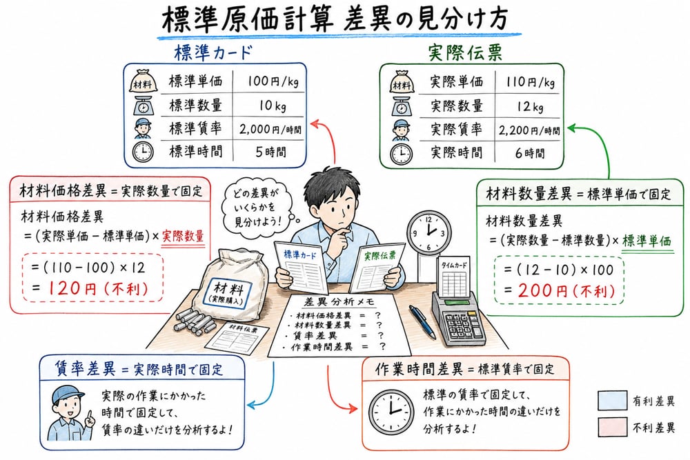 標準原価計算で価格差異・数量差異・賃率差異・作業時間差異を使い分ける図解