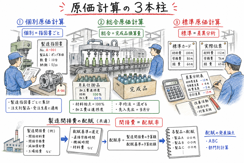 原価計算の種類と方法を個別原価計算、総合原価計算、標準原価計算の3本柱で整理する図解