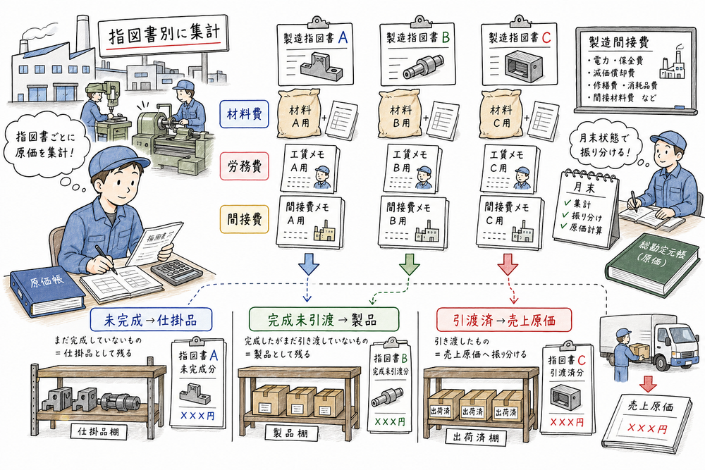 個別原価計算で指図書別に原価を集計し、月末状態で仕掛品・製品・売上原価へ振り分ける図解