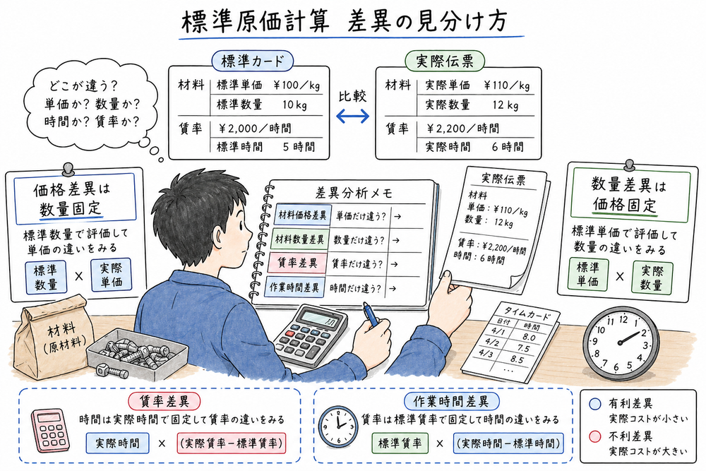 標準原価計算で価格差異・数量差異・賃率差異・作業時間差異を使い分ける図解